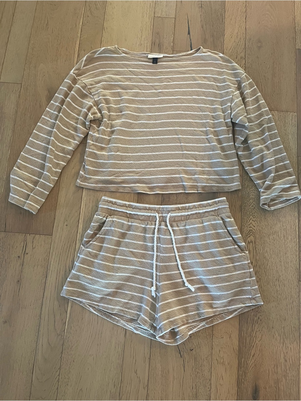 Universal thread white & tan striped shirt and short set